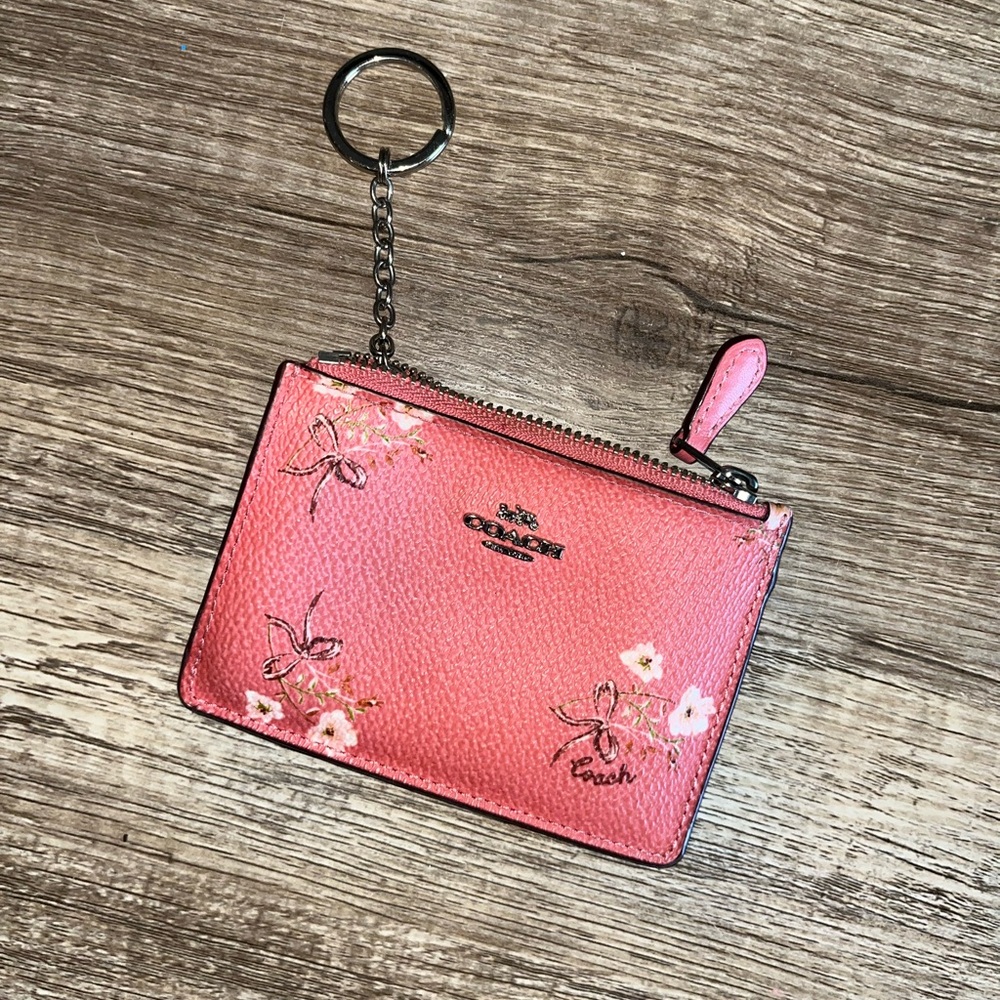 Coach pink floral leather keychain wallet